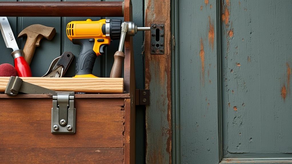 A toolbox with tools sticking out of it, next to a door.